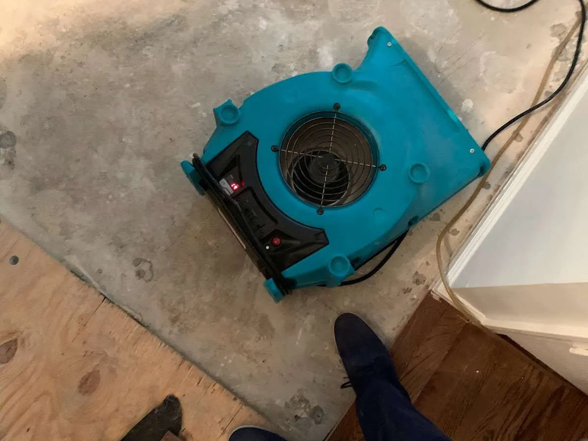 Air mover drying subfloor during Commercial Water Damage Restoration in Jacinto City